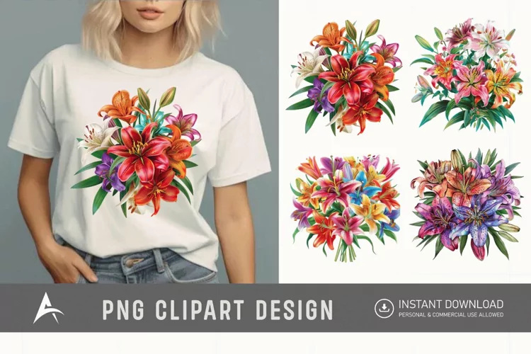 Watercolor Colorful Lily Bouquet Clipart