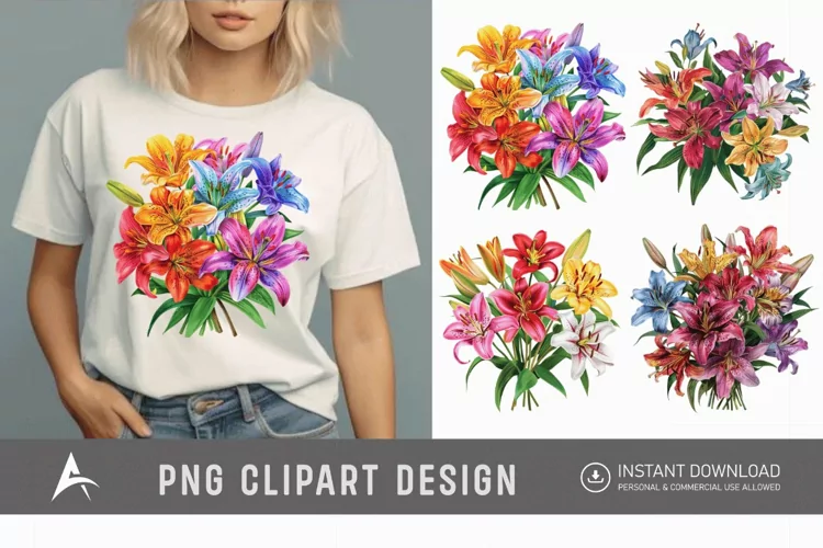 Watercolor Colorful Lily Bouquet Clipart