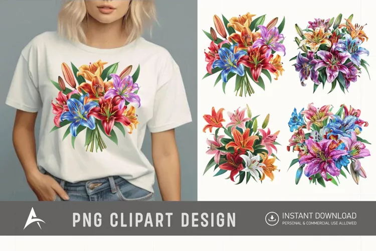 Watercolor Colorful Lily Bouquet Clipart