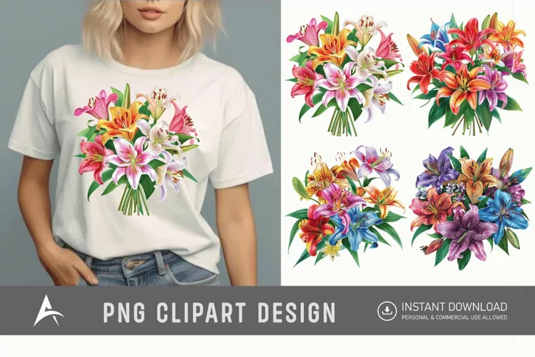 Watercolor Colorful Lily Bouquet Clipart