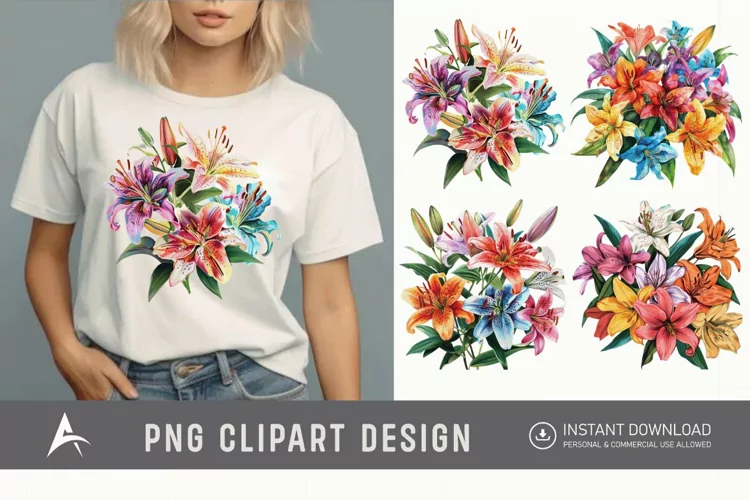Watercolor Colorful Lily Bouquet Clipart