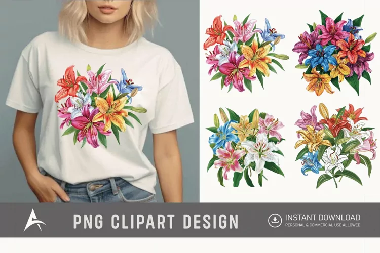 Watercolor Colorful Lily Bouquet Clipart