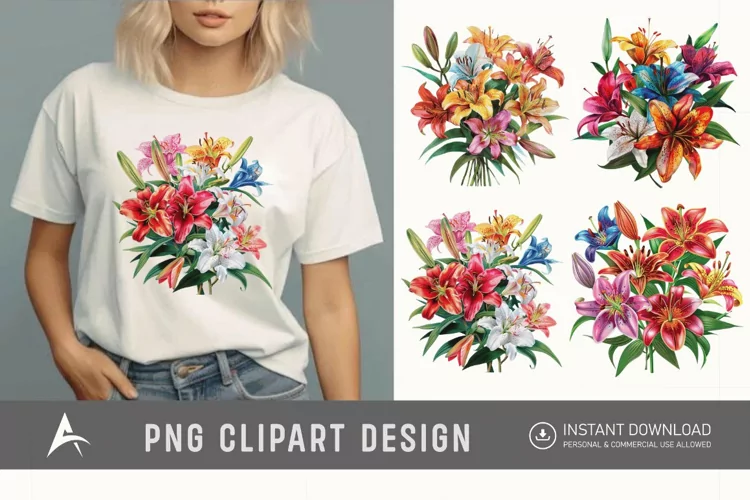Watercolor Colorful Lily Bouquet Clipart
