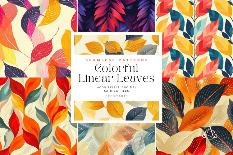 52 Colorful Linear Leaves Seamless Patterns example image 1