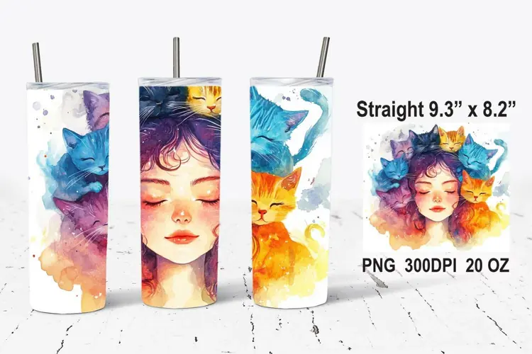 Colorful Mystical Petty Girl with Cats Tumbler Wrap