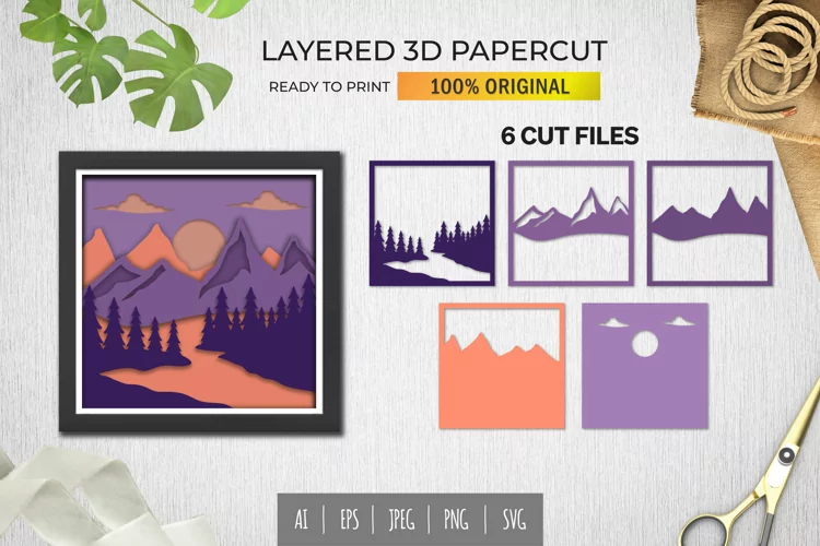 Mountain Beyond The River 3D Shadow Box Layered Papercut