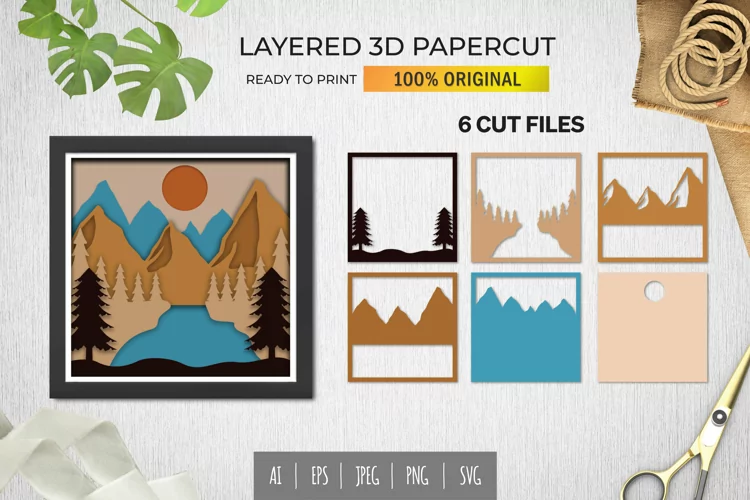 Mountain and Lake Landscape 3D Shadow Box Layered Papercut