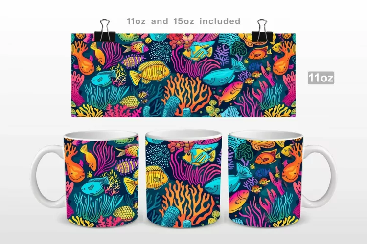Colorful Ocean Life Doodles Mug Wrap PNG