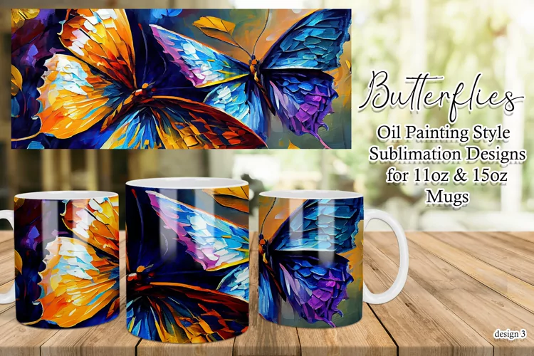 Butterflies Oil Painting Style Sublimation Mug Designs set 3