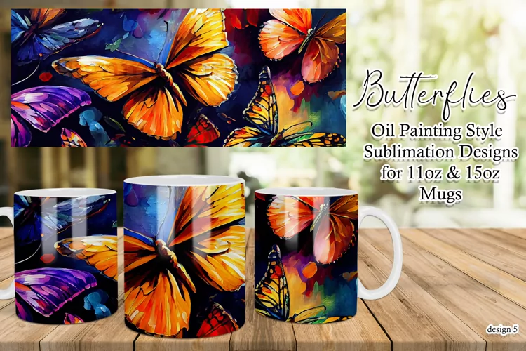 Butterflies Oil Painting Style Sublimation Mug Designs set 5