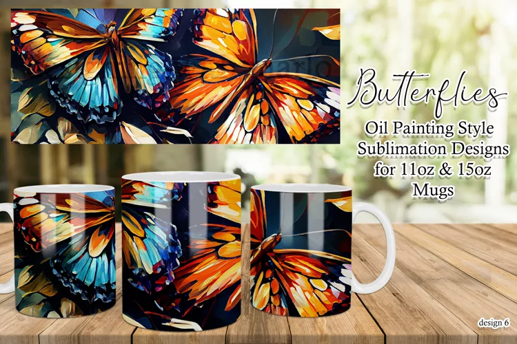 Butterflies Oil Painting Style Sublimation Mug Designs set 6