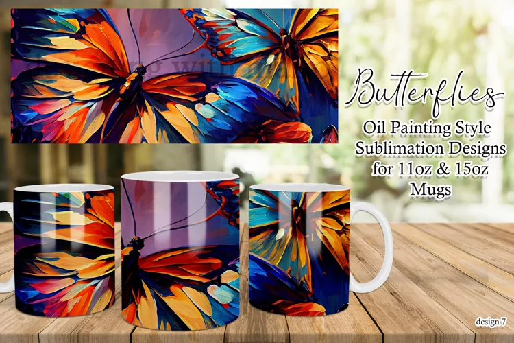 Butterflies Oil Painting Style Sublimation Mug Designs set 7