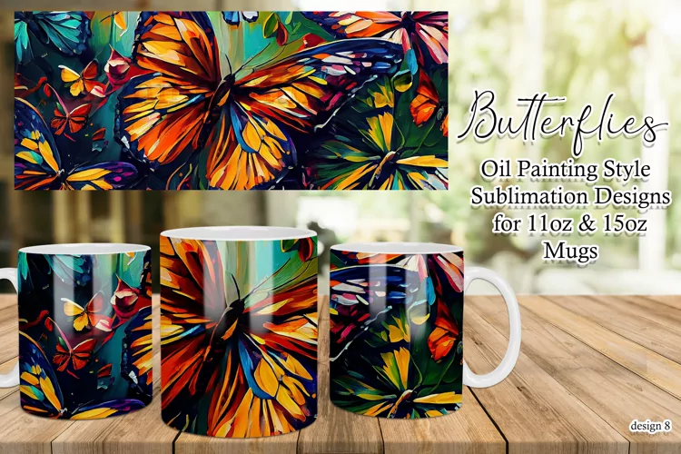 Butterflies Oil Painting Style Sublimation Mug Designs set 8