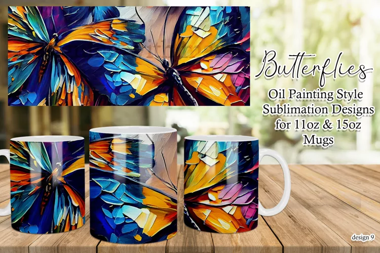 Butterflies Oil Painting Style Sublimation Mug Designs set 9