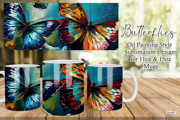 Butterflies Oil Painting Style Sublimation Mug Designs set 1