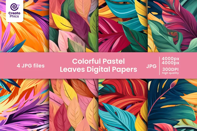 colorful pastel leaves digital papers and leaf patterns