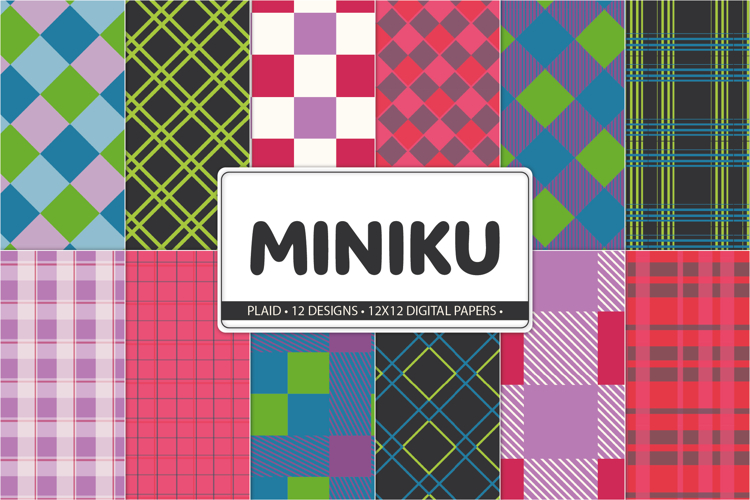 Colorful Plaid Digital Papers 12x12, Checkered Backgrounds