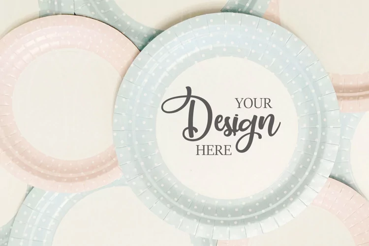 Mockup Blue pink plates Disposable tableware mock-up photo