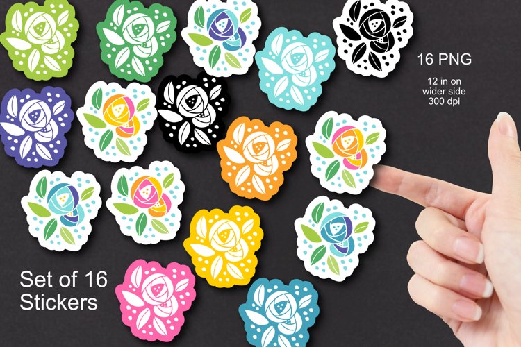 Colorful Roses Sketch Printable Stickers Set of 16 PNG files