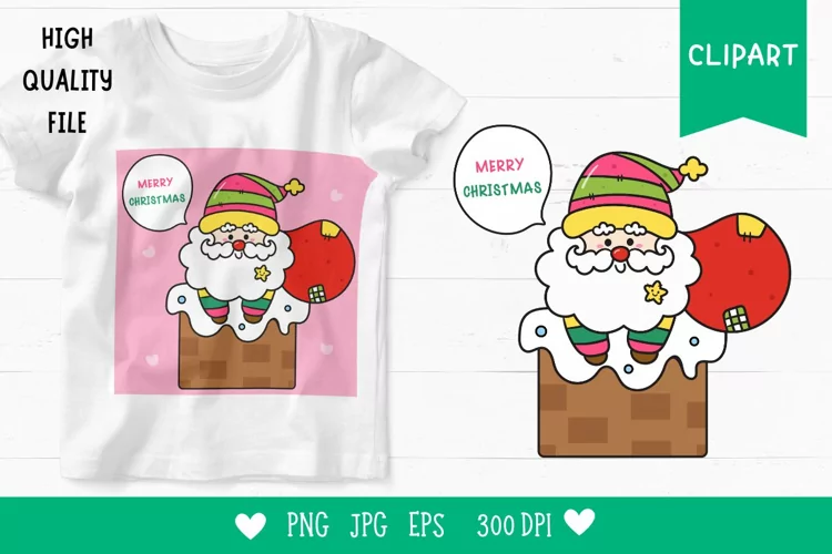 Colorful Santa clipart Kawaii Christmas on chimney xmas