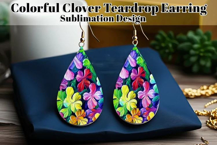 Colorful Clover Teardrop Earring, Watercolor Shamrocks, d1
