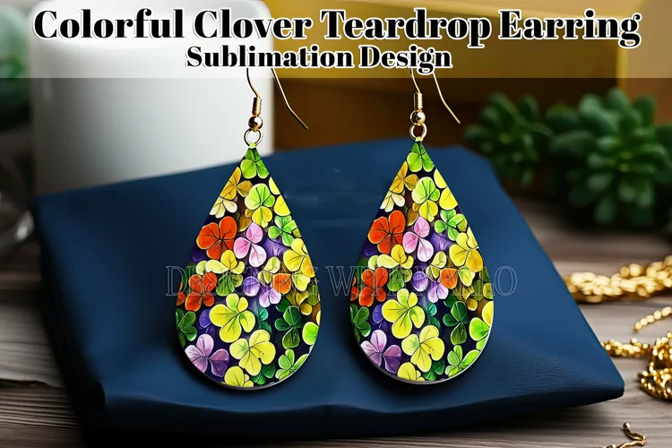 Colorful Clover Teardrop Earring, Watercolor Shamrocks, d11