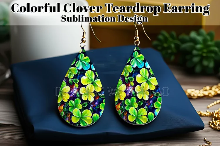 Colorful Clover Teardrop Earring, Watercolor Shamrocks, d2