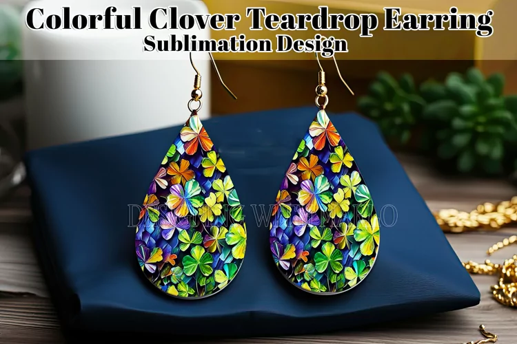 Colorful Clover Teardrop Earring, Watercolor Shamrocks, d4