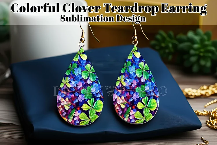 Colorful Clover Teardrop Earring, Watercolor Shamrocks, d5