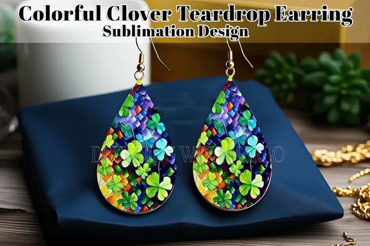 Colorful Clover Teardrop Earring, Watercolor Shamrocks, d7