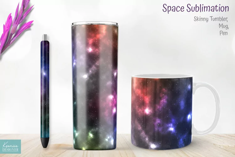 Colorful Space Tumbler Wrap. Sublimation Set For Mug And Pen