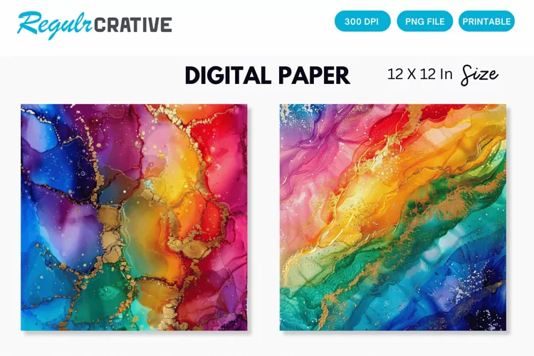 Colorful Sparkling Rainbow Alcohol Ink Digital Paper