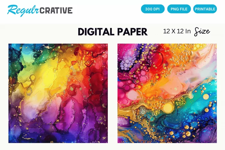 Colorful Sparkling Rainbow Alcohol Ink Digital Paper