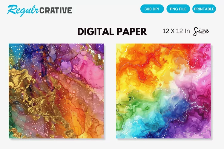 Colorful Sparkling Rainbow Alcohol Ink Digital Paper