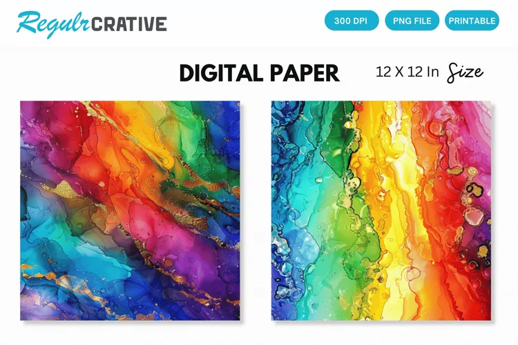 Colorful Sparkling Rainbow Alcohol Ink Digital Paper