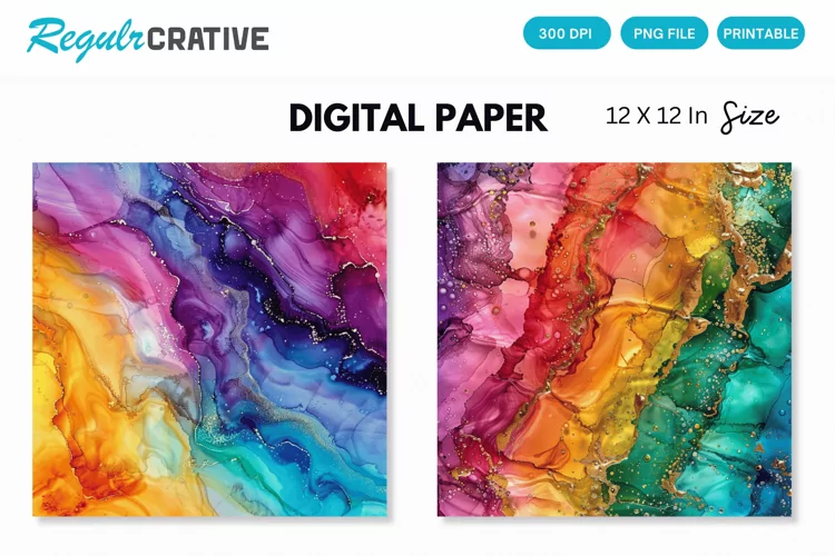Colorful Sparkling Rainbow Alcohol Ink Digital Paper