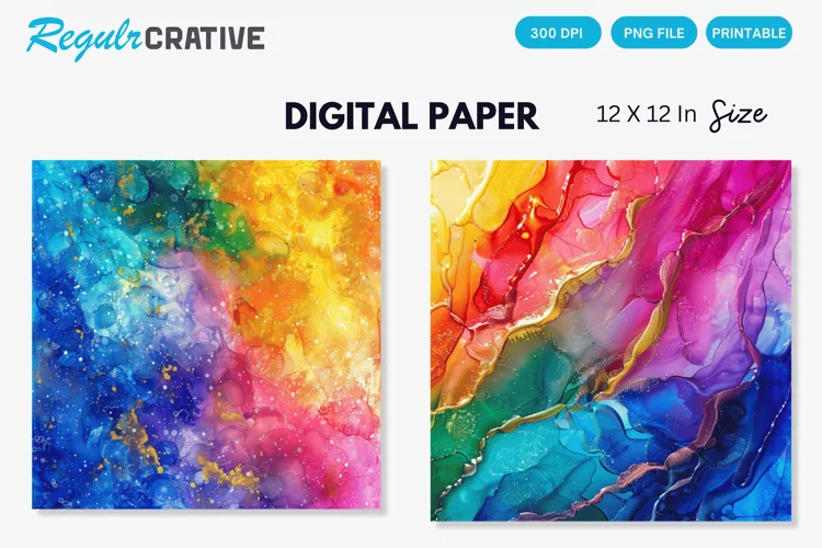 Colorful Sparkling Rainbow Alcohol Ink Digital Paper