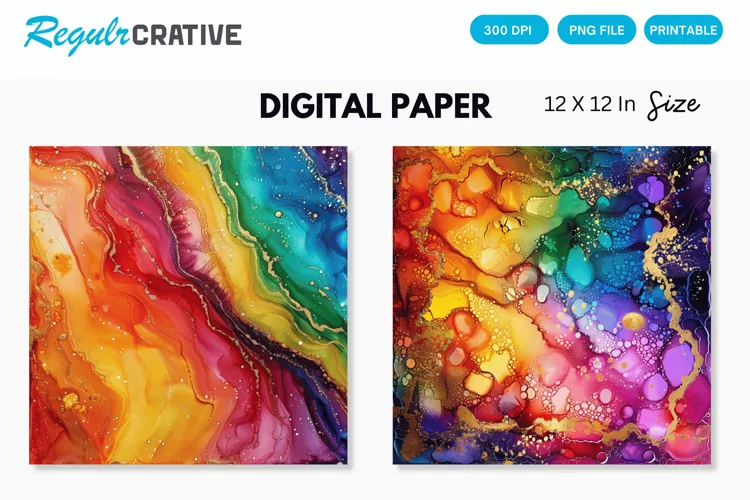 Colorful Sparkling Rainbow Alcohol Ink Digital Paper