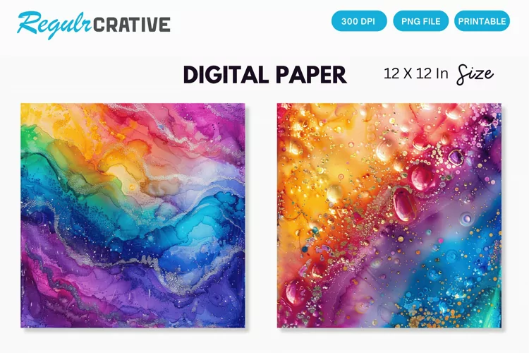 Colorful Sparkling Rainbow Alcohol Ink Digital Paper