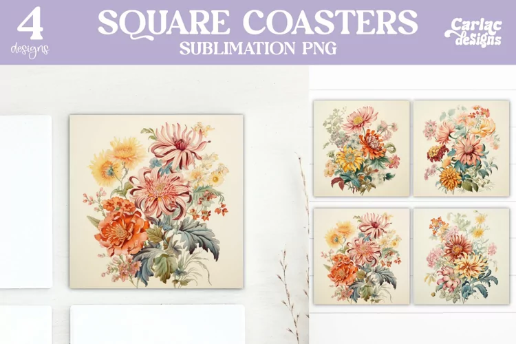Flowers Coaster Sublimation, Vintage Square Coaster