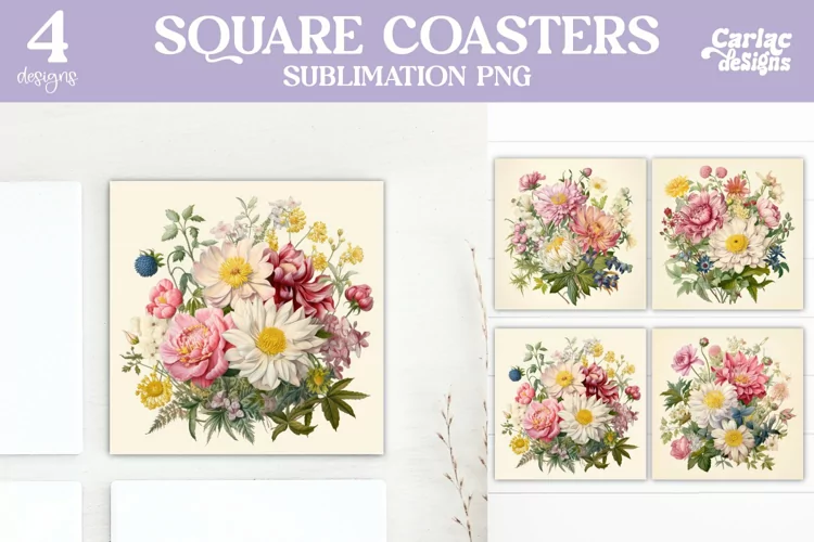 Flowers Coaster Sublimation, Vintage Square Coaster
