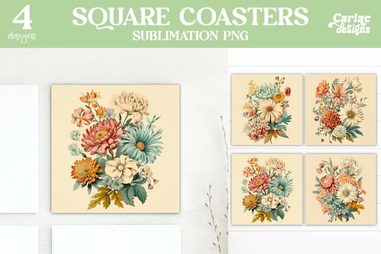 Flowers Coaster Sublimation, Vintage Square Coaster