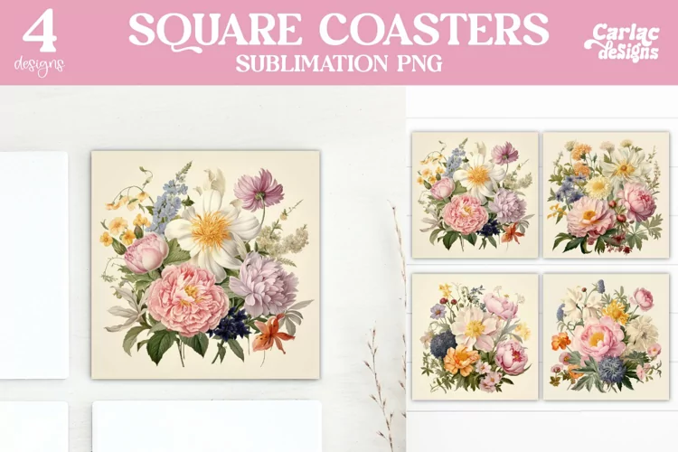 Flowers Coaster Sublimation, Vintage Square Coaster