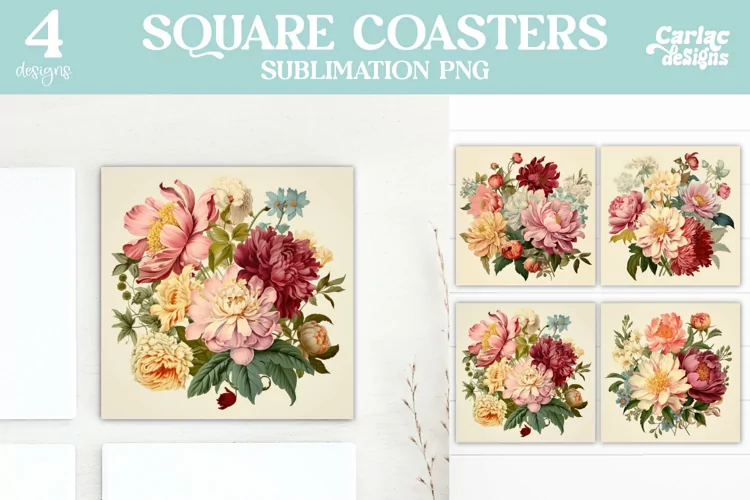 Flowers Coaster Sublimation, Vintage Square Coaster