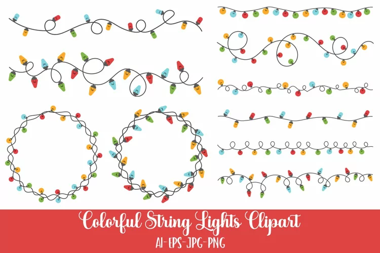 10 Colorful String Lights Vector Clipart Set EPS PNG