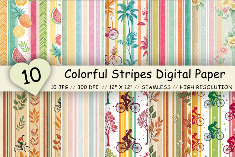 Colorful Stripes Digital Paper Pack, Seamless Vibrant