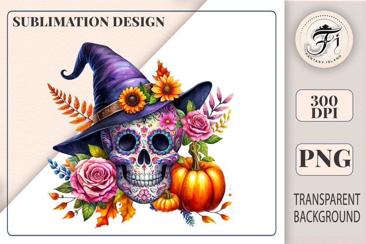 Sugar Skull with Flowers Clipart | Witch Hat PNG | Halloween