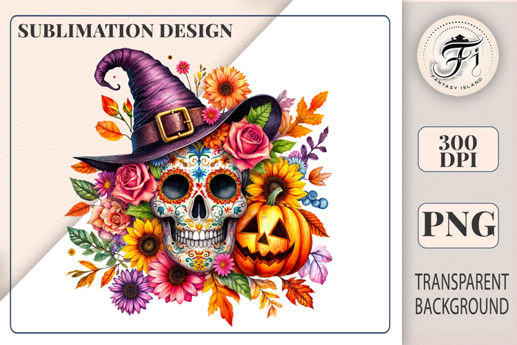 Bright sugar skull Halloween clipart with witch hat, pumpkins & flowers. Perfect PNG for invitations, crafts & sublimation.