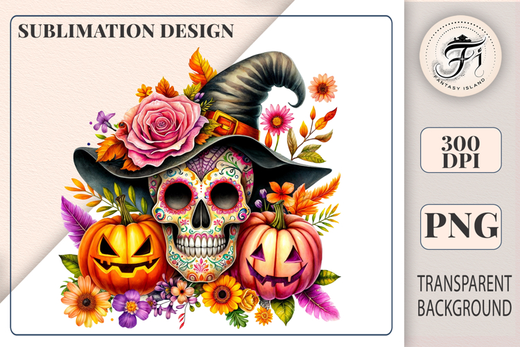 Bright sugar skull Halloween clipart with witch hat, pumpkins & flowers. Perfect PNG for invitations, crafts & sublimation.