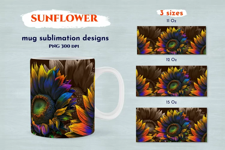 Sunflower mug wrap. Mug sublimation design. PNG